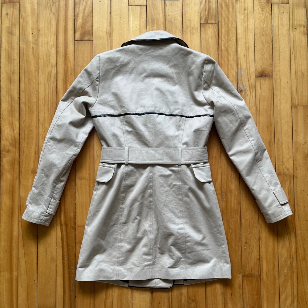 SMART SET Double Breasted Trench Coat Beige Black Trim Belted Button Up Women XS - Picture 2 of 12